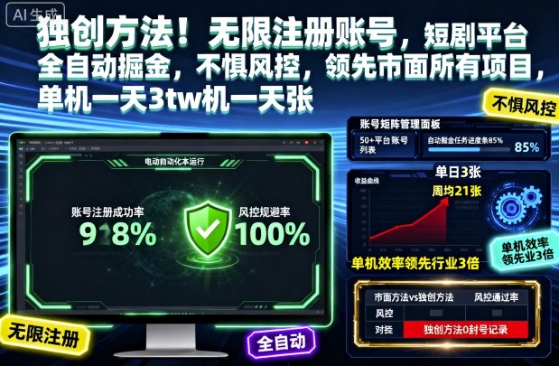 独创方法！无限注册账号，短剧平台全自动掘金，不惧风控，领先市面所有项目，单机一天3张【揭秘】